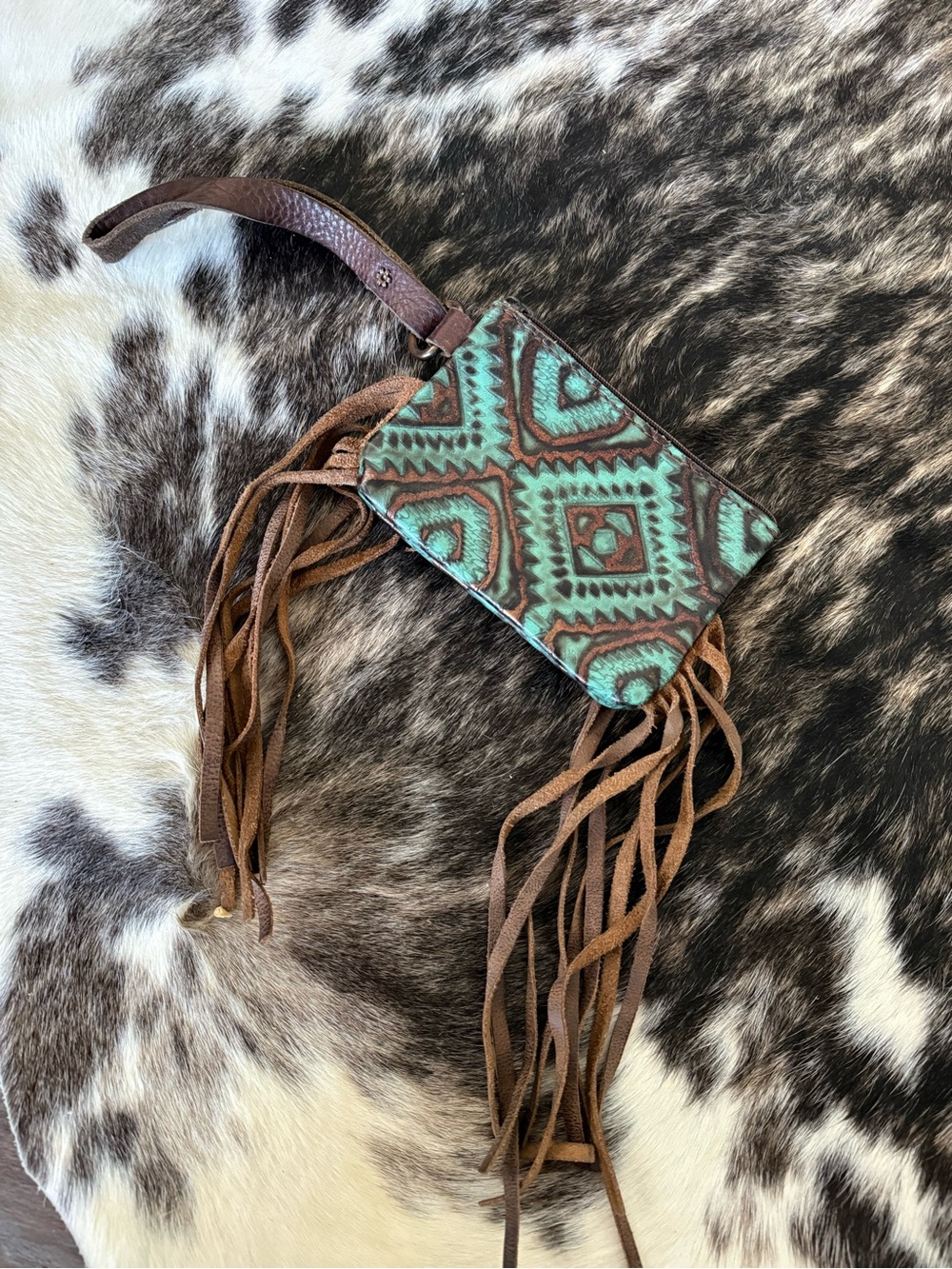 Running Roan Turquoise & Brown Fringe Wristlet Clutch
